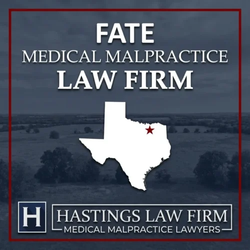 Los mejores Abogados de Negligencia Médica en Fate Texas Una escena del paisaje de Fate Texas. Una estrella roja señala el lugar donde los abogados locales especializados en negligencias médicas han ayudado a pacientes lesionados. El logotipo de The Hastings Law Firm aparece en la parte inferior.
