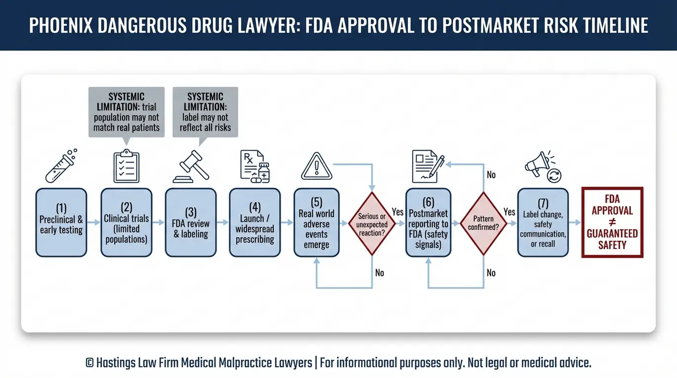 Diagrama de flujo que explica los pasos para la aprobación de la FDA y la seguridad poscomercialización para un abogado especializado en medicamentos peligrosos de Phoenix, incluyendo la notificación de eventos adversos y los puntos de decisión sobre retiradas del mercado.