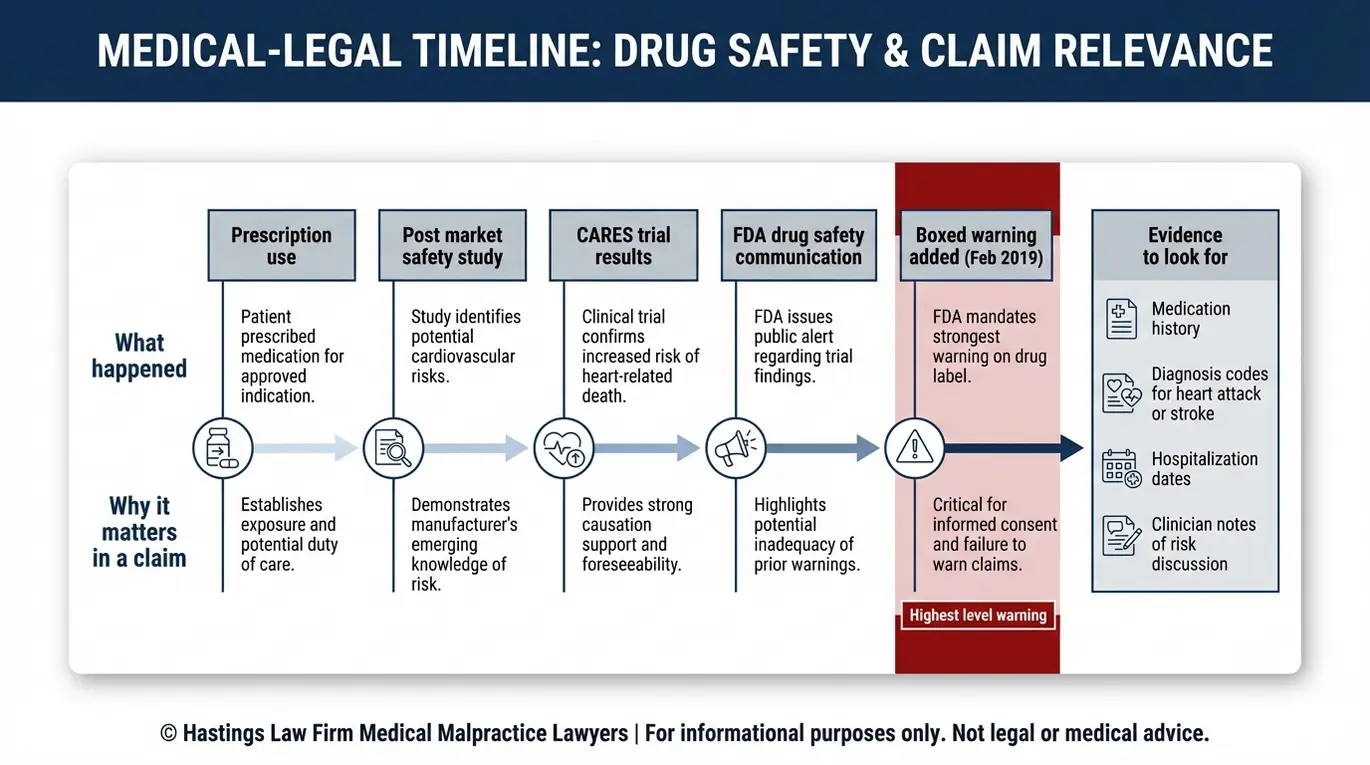 Process flowchart timeline showing CARES clinical trial results and FDA boxed warning actions related to Uloric febuxostat for readers seeking a Texas Uloric Injury Lawyer.