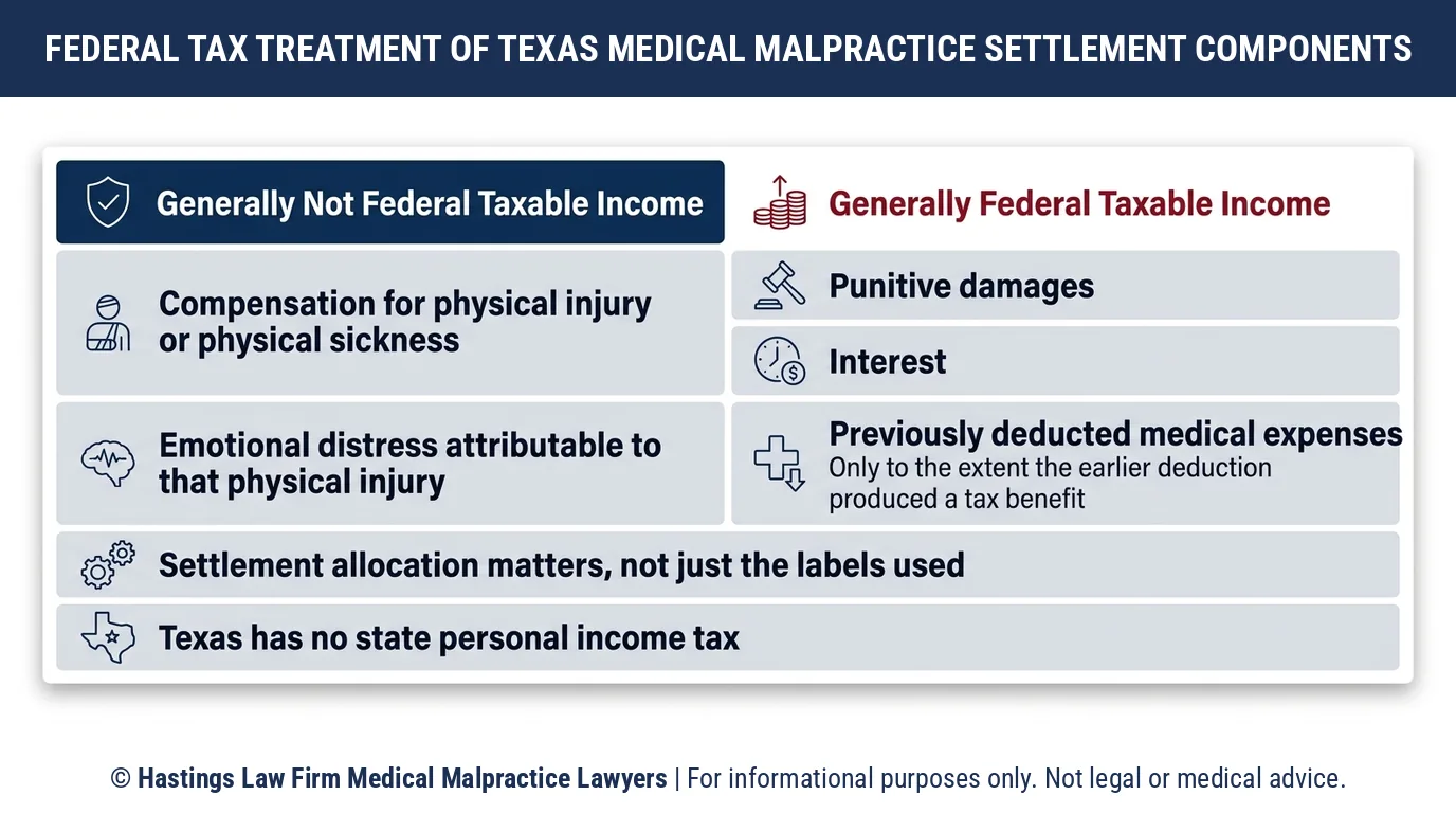 How much is my medical malpractice case worth in Texas after federal income tax on the settlement.