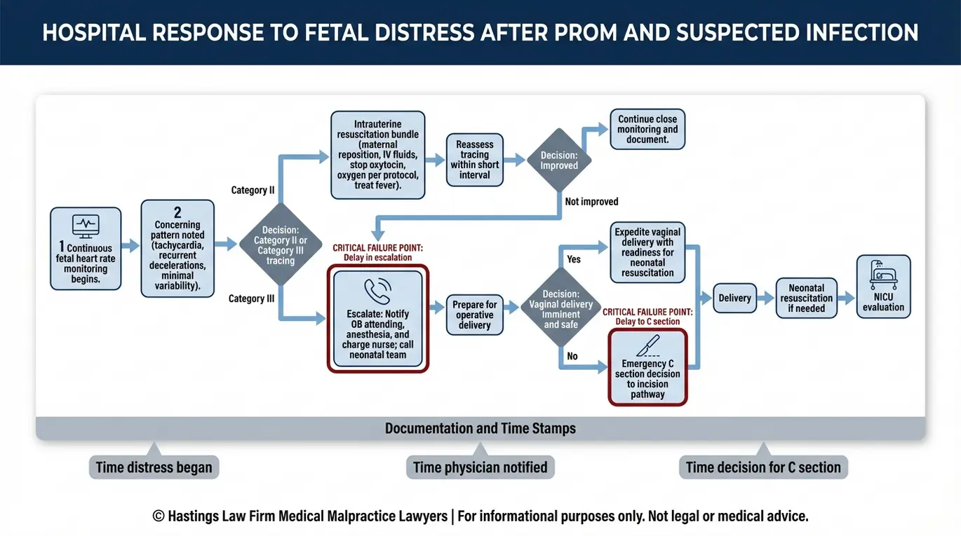 Process flowchart for fetal distress management after PROM showing monitoring decision points escalation emergency C section and NICU steps used in a Texas Prolonged Rupture of Membranes Lawyer evaluation.