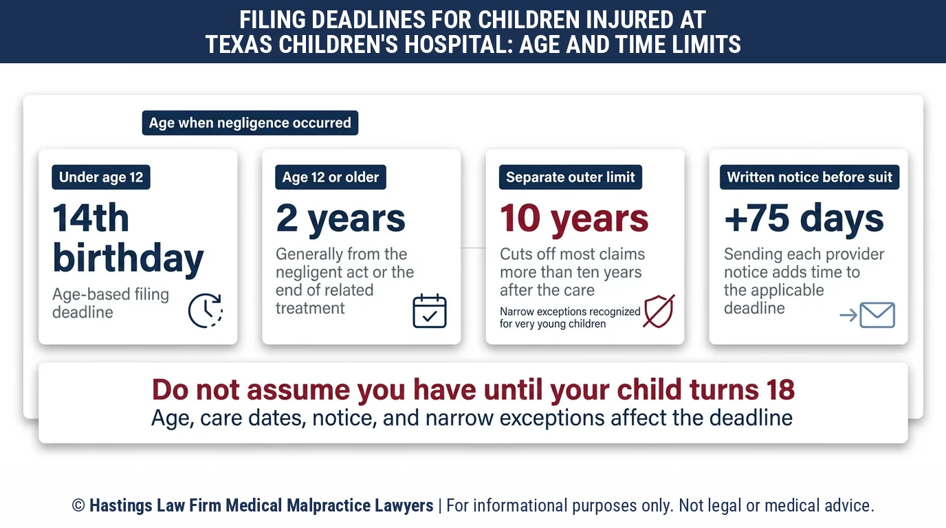 Is there still time for a hospital negligence lawyer to sue Texas Children's Hospital over an injury to my young child.