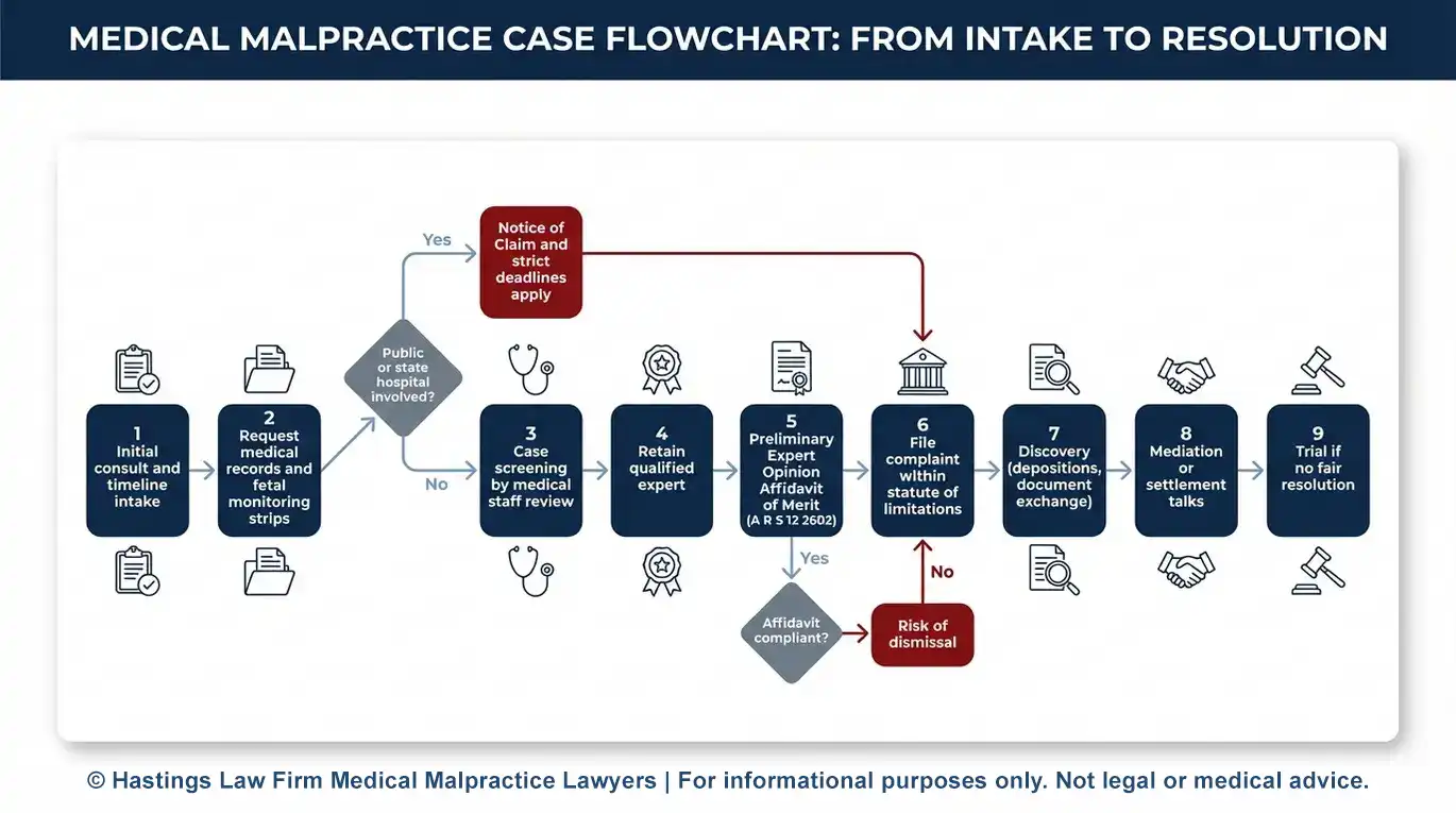 Diagrama de flujo del proceso para un Abogado de Parálisis de Nacimiento en Arizona que muestra los pasos para presentar una demanda por lesión de nacimiento en Arizona, incluyendo registros médicos, declaración jurada de mérito de expertos, notificación de decisión de demanda, descubrimiento, mediación y juicio.