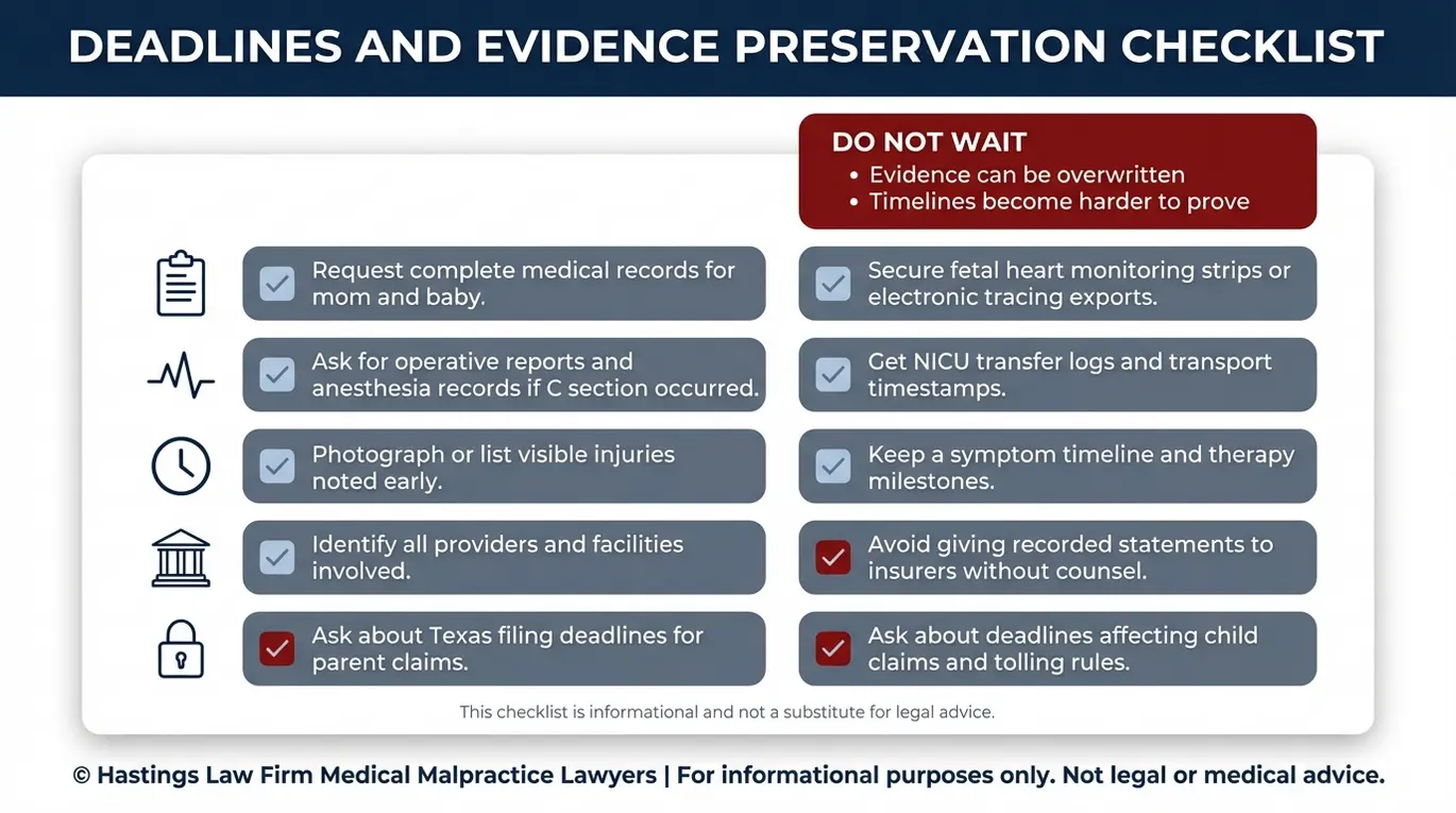 Lista de verificación con advertencias para presentar una demanda por lesiones durante el parto en Texas, que incluye plazos, conceptos sobre la prescripción y pruebas que se deben conservar para que las revise un abogado especializado en lesiones durante el parto de Austin.