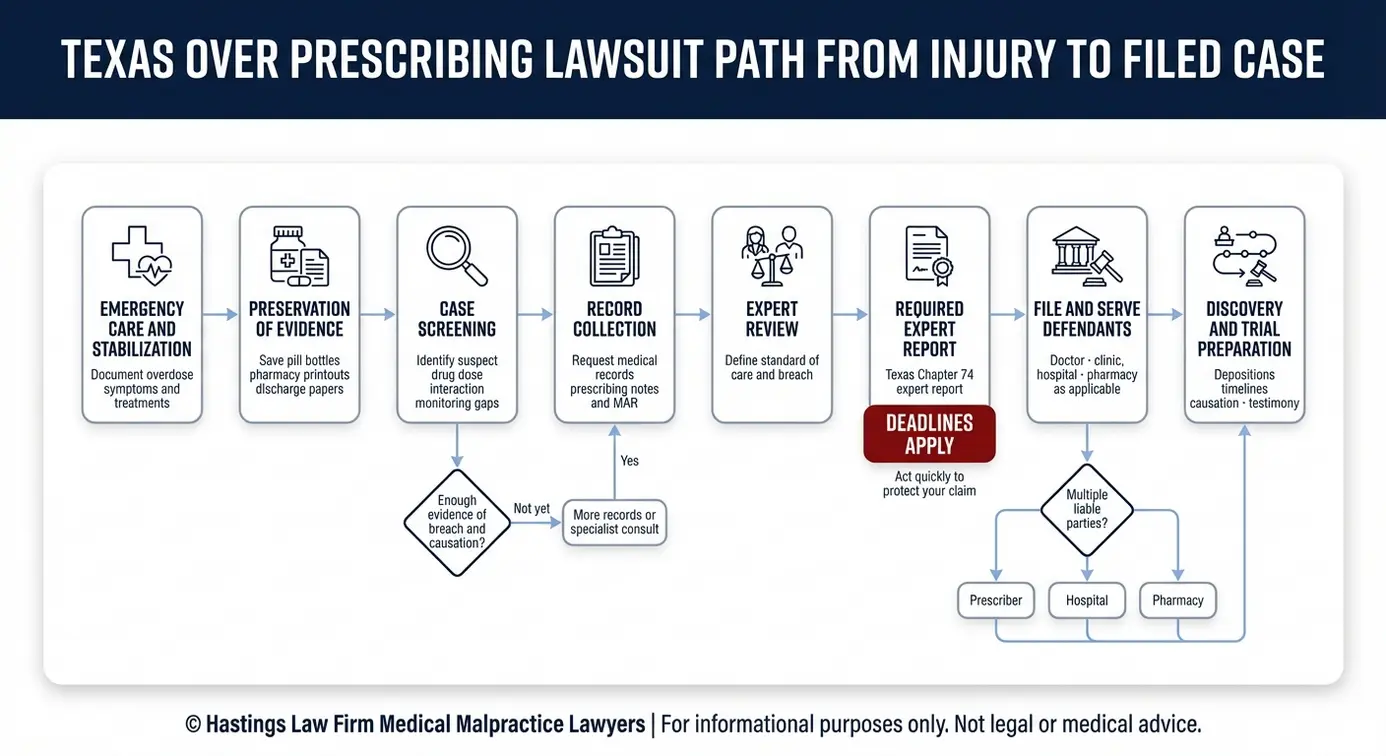 Flowchart showing the step by step process to file an overdose and over prescribing claim explained by a Houston Over Prescribing of Medication Lawyer.