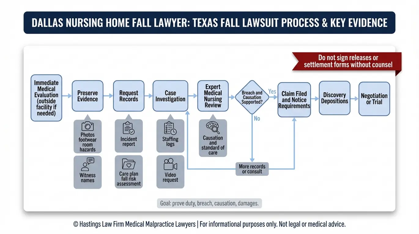Diagrama de flujo del proceso para un abogado especializado en caídas en residencias de ancianos de Dallas, en el que se describen los pasos de la demanda por caídas en residencias de ancianos según el modelo Texas, desde la evaluación médica y la recopilación de pruebas hasta la revisión por parte de peritos, la presentación de la demanda, la fase de presentación de pruebas y el juicio o el acuerdo extrajudicial.