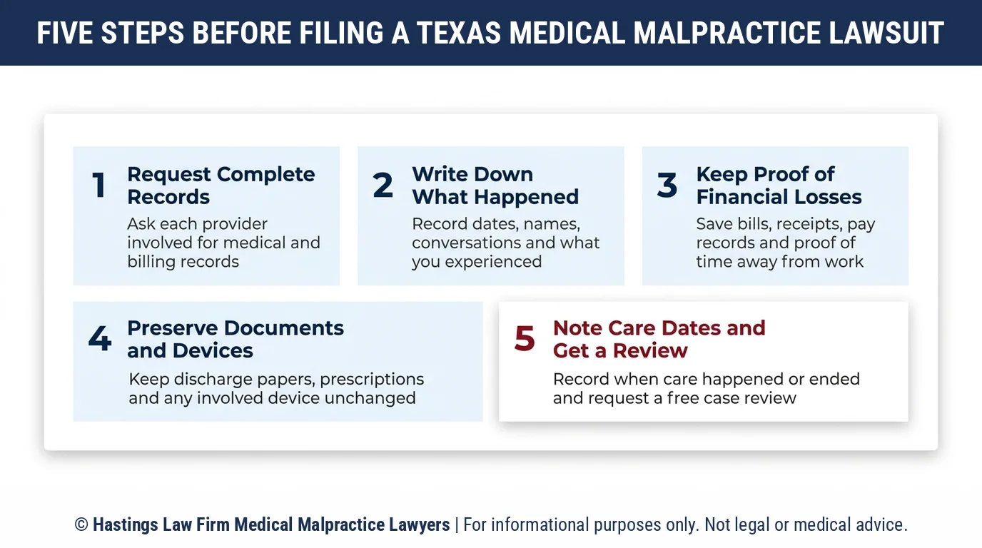 What records should I gather before filing a medical malpractice lawsuit in Texas to protect my claim.