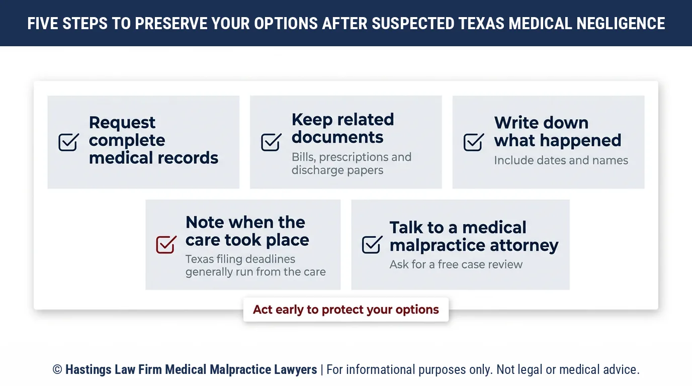Which first steps after suspected medical negligence in Texas can affect a medical malpractice lawsuit success rate.