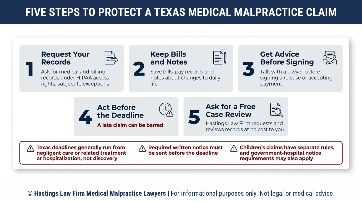 What should patients do after an injury to protect Texas medical malpractice settlement amounts before the filing deadline.