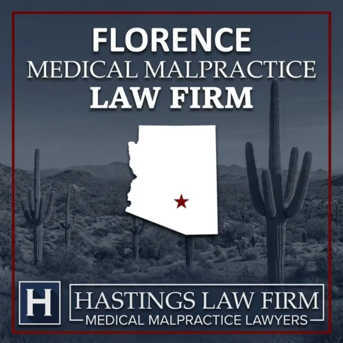Los mejores abogados especializados en negligencia médica en Florence, Arizona Una vista panorámica de Florence, Arizona. Una estrella roja señala el lugar donde los abogados locales especializados en negligencia médica han ayudado a pacientes lesionados. El logotipo de Hastings Law Firm aparece en la parte inferior.