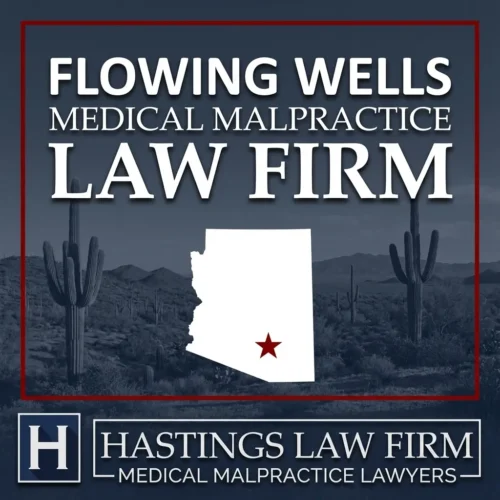 Los mejores abogados especializados en negligencia médica en Flowing Wells, Arizona Una vista panorámica de Flowing Wells, Arizona. Una estrella roja señala el lugar donde los abogados locales especializados en negligencia médica han ayudado a pacientes lesionados. El logotipo de Hastings Law Firm aparece en la parte inferior.