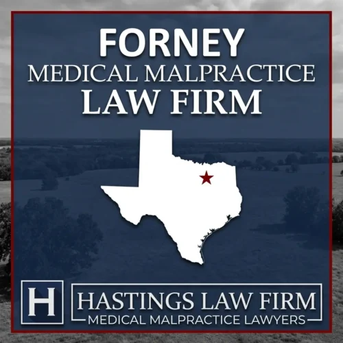 Los mejores Abogados de Negligencia Médica en Forney Texas Una escena de paisaje de Forney Texas. Una estrella roja señala el lugar donde los abogados locales especializados en negligencias médicas han ayudado a pacientes lesionados. El logotipo de The Hastings Law Firm aparece en la parte inferior.