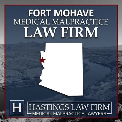 Los mejores abogados especializados en negligencia médica en Fort Mohave, Arizona Una imagen panorámica de Fort Mohave, Arizona. Una estrella roja señala el lugar donde los abogados locales especializados en negligencia médica han ayudado a pacientes lesionados. El logotipo de Hastings Law Firm aparece en la parte inferior.