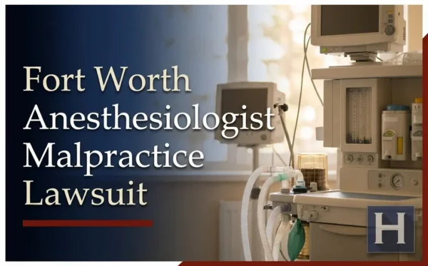 En un entorno médico con equipos de anestesia y monitores se lee "Demanda por negligencia contra un anestesiólogo de Fort Worth", lo que pone de relieve la importancia de un abogado especializado en negligencia de anestesiólogos.