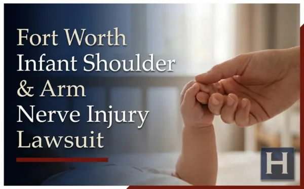 La mano de un adulto que cuida al niño sostiene el diminuto brazo de un bebé, lo que ilustra los posibles problemas relacionados con lesiones nerviosas en los hombros y los brazos de los bebés que un abogado de Fort Worth puede abordar.