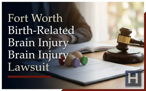 A legal professional reviews documents and family figures on a desk with a gavel, illustrating concerns about a Birth-Related Brain Injury for families seeking a Fort Worth lawyer.