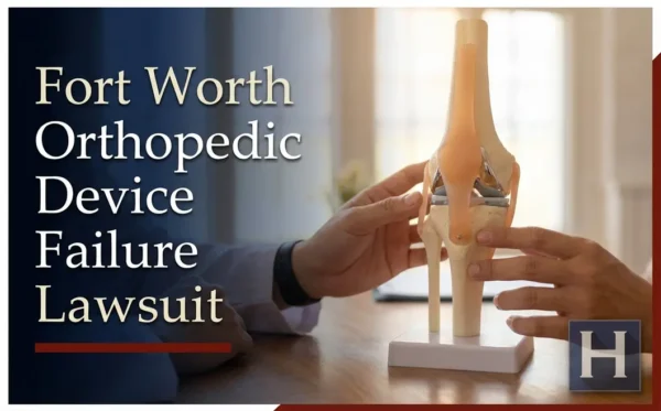 Hands carefully examine a detailed knee joint model with a prosthetic implant, illustrating potential orthopedic device failure for a Fort Worth lawyer.