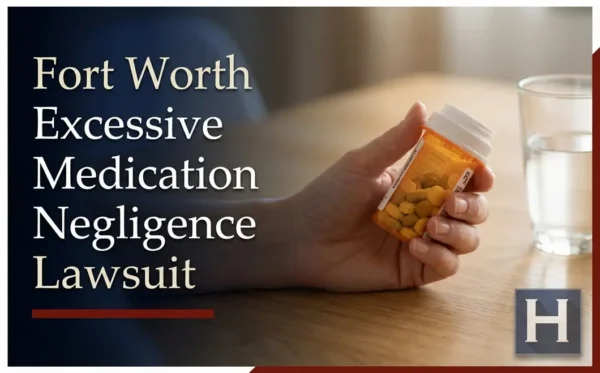 A person's hand holds a prescription bottle filled with yellow pills next to a glass of water, illustrating concerns for a Fort Worth Excessive Medication Negligence lawyer.