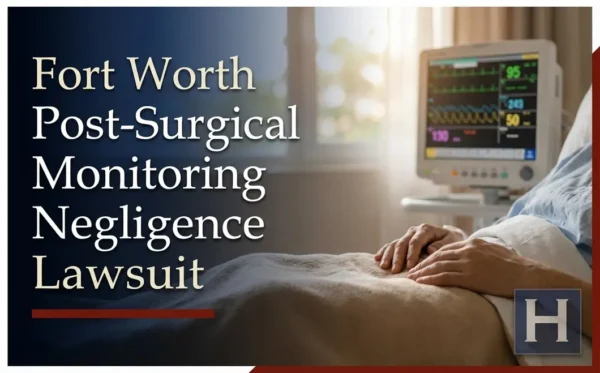 A patient lies in a hospital bed with hands clasped, facing a medical monitor displaying vital signs, underscoring the need for a Fort Worth lawyer for potential Post-Surgical Monitoring Negligence.