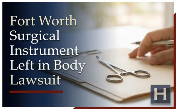 A hand reviews legal documents with a surgical instrument on them, illustrating the complex concerns for a Fort Worth Surgical Instrument Left in Body lawyer.