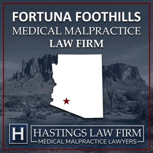 Los mejores abogados especializados en negligencia médica en Fortuna Foothills, Arizona Una vista panorámica de Fortuna Foothills, Arizona. Una estrella roja señala el lugar donde los abogados locales especializados en negligencia médica han ayudado a pacientes lesionados. El logotipo de Hastings Law Firm aparece en la parte inferior.