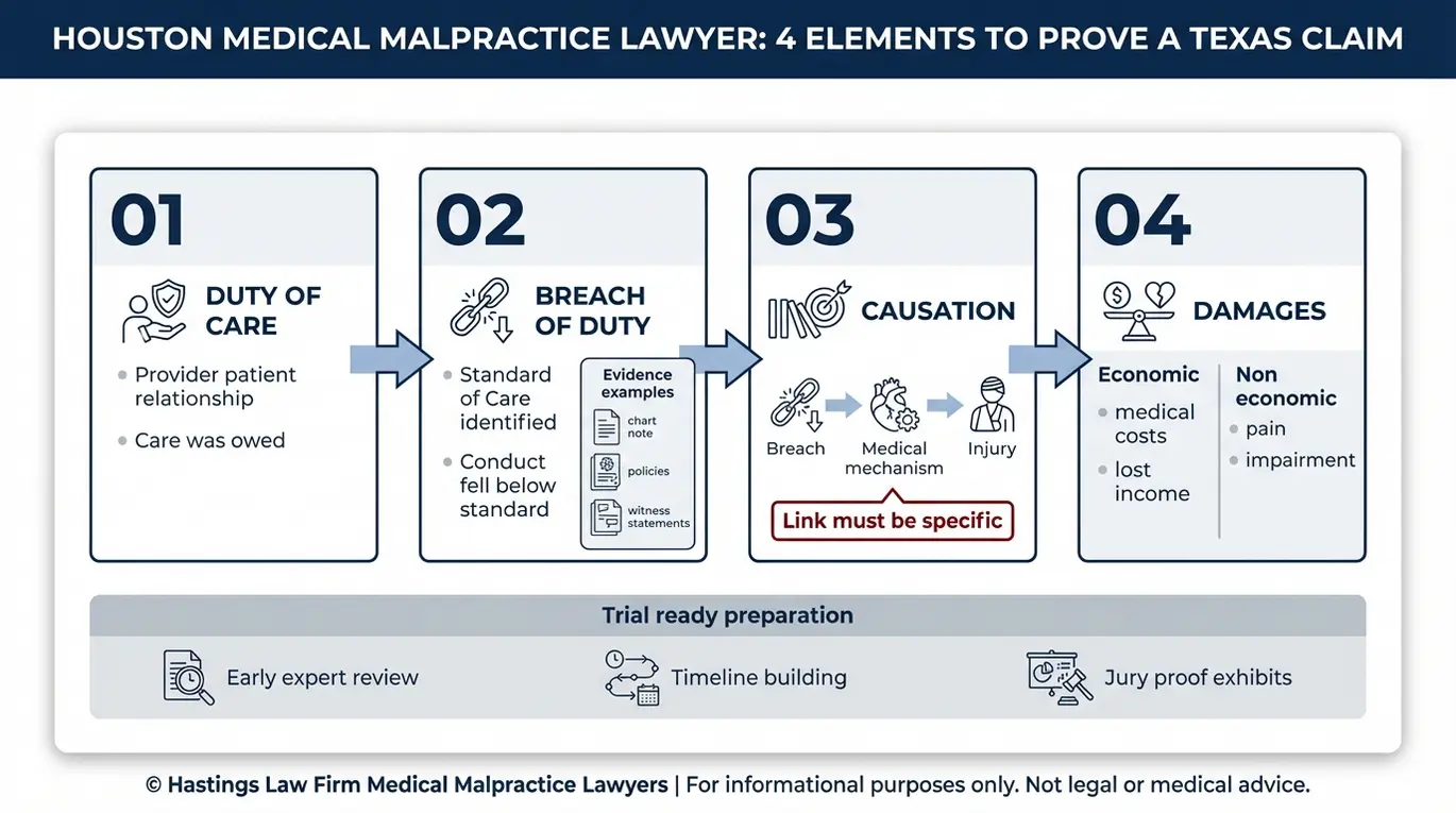 Process flowchart summarizing how a Houston medical malpractice lawyer proves duty, breach, causation, and damages in a Texas medical malpractice claim.
