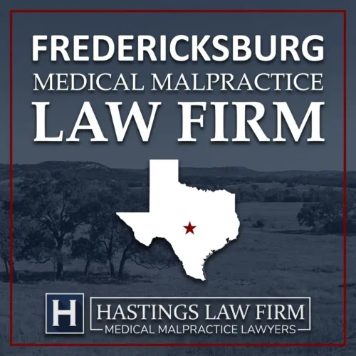Best Medical Malpractice Attorneys in Fredericksburg Texas A landscape scene of Fredericksburg Texas. A red star pinpoints the location where local Medical Malpractice Lawyers have helped injured patients. The Hastings Law Firm logo appears at the bottom.