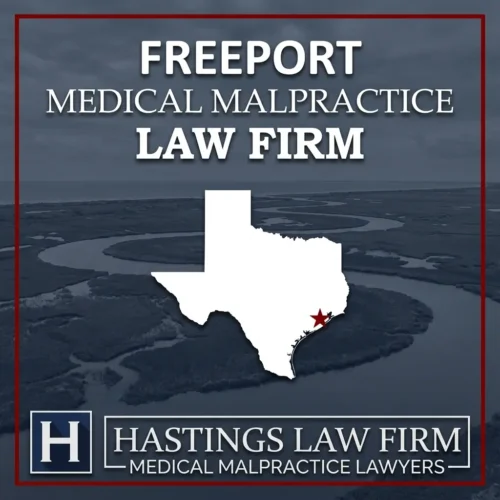 Best Medical Malpractice Attorneys in Freeport Texas A landscape scene of Freeport Texas. A red star pinpoints the location where local Medical Malpractice Lawyers have helped injured patients. The Hastings Law Firm logo appears at the bottom.