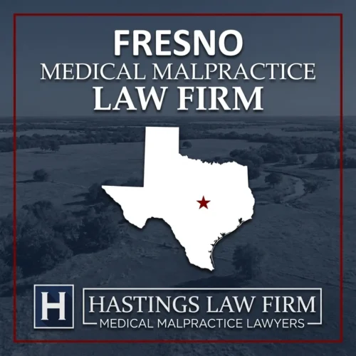 Best Medical Malpractice Attorneys in Fresno Texas A landscape scene of Fresno Texas. A red star pinpoints the location where local Medical Malpractice Lawyers have helped injured patients. The Hastings Law Firm logo appears at the bottom.