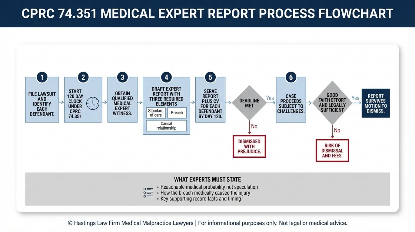 Diagrama de flujo del proceso para demostrar la causalidad en un caso de negligencia médica Texas, en el que se muestran los pasos del informe pericial del Capítulo 74, el plazo de 120 días y los puntos de decisión que conducen a la desestimación con perjuicio.