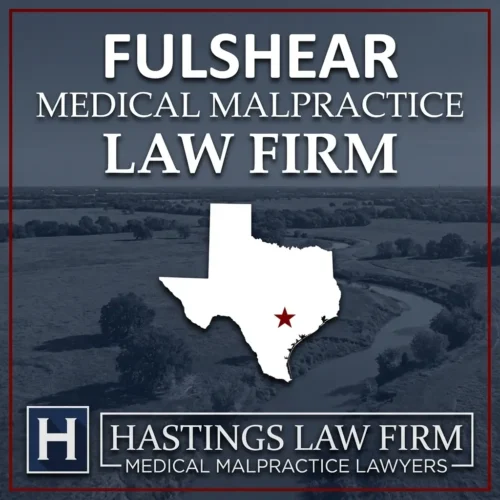 Best Medical Malpractice Attorneys in Fulshear Texas A landscape scene of Fulshear Texas. A red star pinpoints the location where local Medical Malpractice Lawyers have helped injured patients. The Hastings Law Firm logo appears at the bottom.