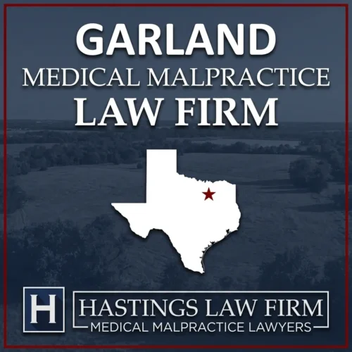 Los mejores abogados de negligencia médica en Garland Texas Una escena de paisaje de Garland Texas. Una estrella roja señala el lugar donde los abogados locales de negligencia médica han ayudado a los pacientes lesionados. Logo The Hastings Law Firm aparece en la parte inferior.