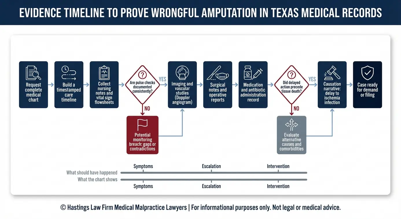 Diagrama de flujo que muestra cómo un abogado especializado en amputaciones médicas de Texas elabora una cronología de pruebas a partir de notas de enfermería, estudios de imagen y registros quirúrgicos para demostrar el incumplimiento de las normas de atención y la causalidad de la pérdida innecesaria de un miembro.