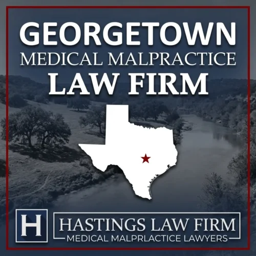 Los mejores abogados especializados en negligencia médica en Georgetown Texas Una vista panorámica de Georgetown Texas. Una estrella roja señala el lugar donde los abogados locales especializados en negligencia médica han ayudado a pacientes lesionados. El logotipo de Hastings Law Firm aparece en la parte inferior.