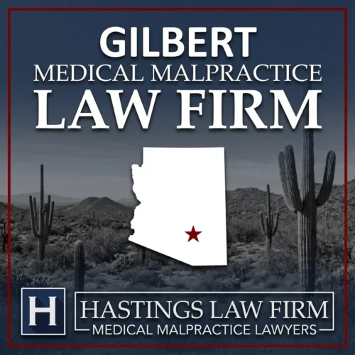 Los mejores abogados especializados en negligencia médica en Gilbert, Arizona Una imagen panorámica de Gilbert, Arizona. Una estrella roja señala el lugar donde los abogados locales especializados en negligencia médica han ayudado a pacientes lesionados. El logotipo de Hastings Law Firm aparece en la parte inferior.