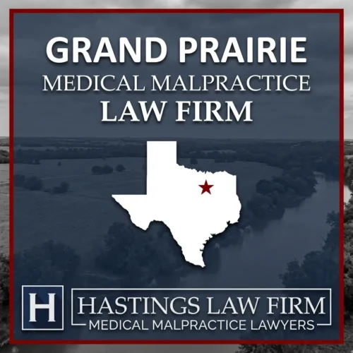Los mejores abogados de negligencia médica en Grand Prairie Texas Una escena del paisaje de Grand Prairie Texas. Una estrella roja señala el lugar donde los abogados locales de negligencia médica han ayudado a pacientes lesionados. El logotipo de The Hastings Law Firm aparece en la parte inferior.