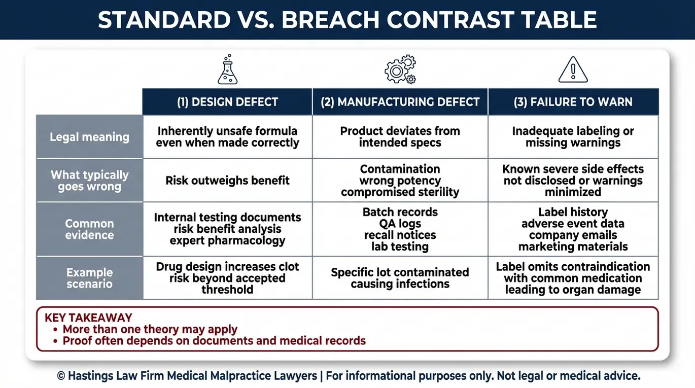 Tabla comparativa en la que se explican las categorías de «defecto de diseño», «defecto de fabricación» y «falta de advertencia» que utiliza un abogado especializado en medicamentos peligrosos de Arizona para evaluar una demanda por un medicamento defectuoso.