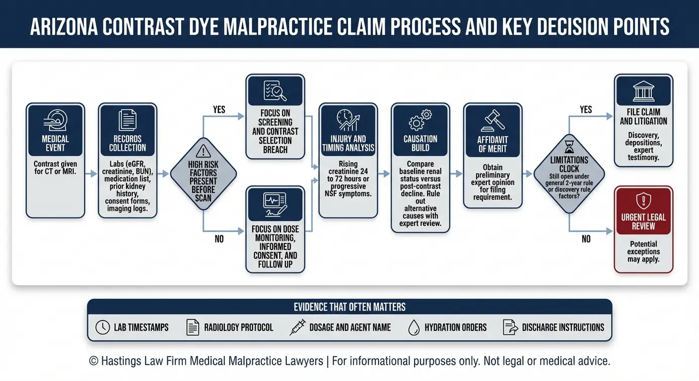 Process flowchart showing how an Arizona Contrast Dye Injury Lawyer evaluates filing steps including affidavit of merit causation proof and statute of limitations decision points.