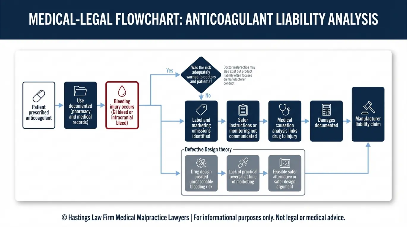 Process flowchart for an Arizona Blood Thinner Drug Injury Lawyer explaining the steps to prove failure to warn and defective design through records, bleeding event, causation, and manufacturer liability.
