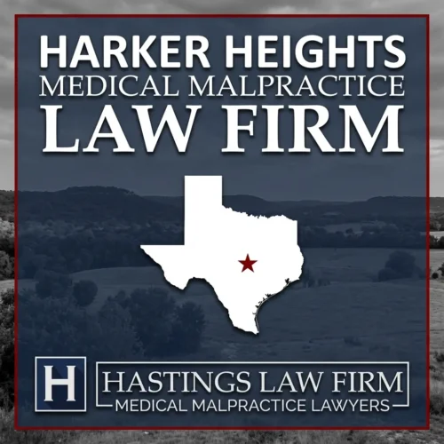 Los mejores abogados especializados en negligencia médica en Harker Heights Texas Una vista panorámica de Harker Heights Texas. Una estrella roja señala el lugar donde los abogados locales especializados en negligencia médica han ayudado a pacientes lesionados. El logotipo de Hastings Law Firm aparece en la parte inferior.