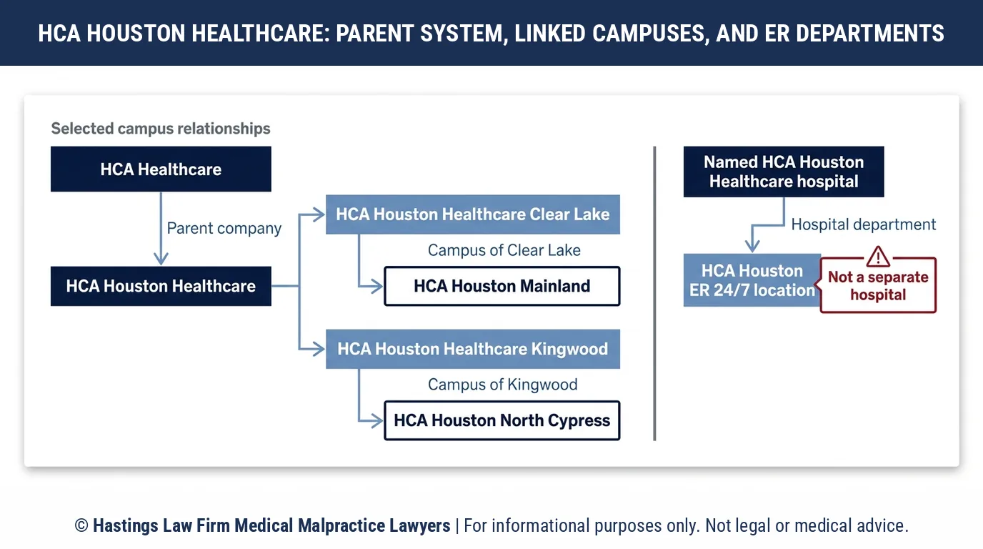 ¿En qué campus de HCA Houston Healthcare interpone un abogado de negligencia médica cuando el daño se produce en una clínica de urgencias 24/7?.