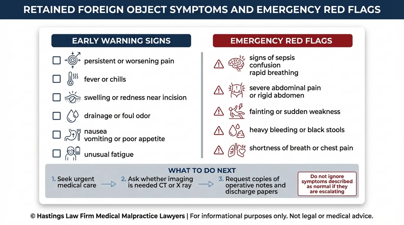 Lista de verificación de los síntomas y las señales de alerta de emergencia para objetos extraños retenidos después de la cirugía para una búsqueda de Austin Objetos Médicos Retenidos Abogado.