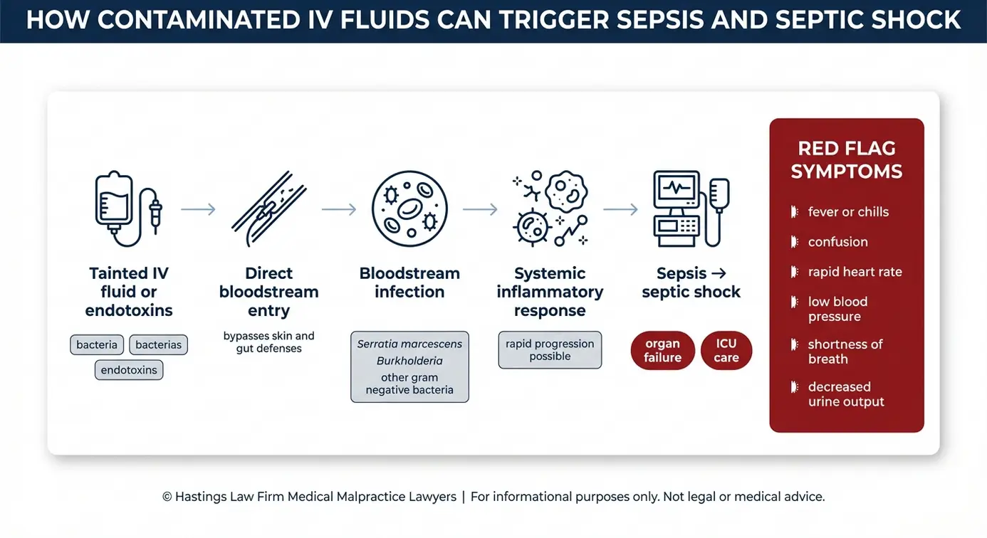 Diagrama clínico que muestra cómo los líquidos intravenosos contaminados pueden provocar infecciones del torrente sanguíneo y sepsis, un concepto clave para la evaluación de un caso por parte de un abogado especializado en contaminación de líquidos intravenosos según el principio Texas.