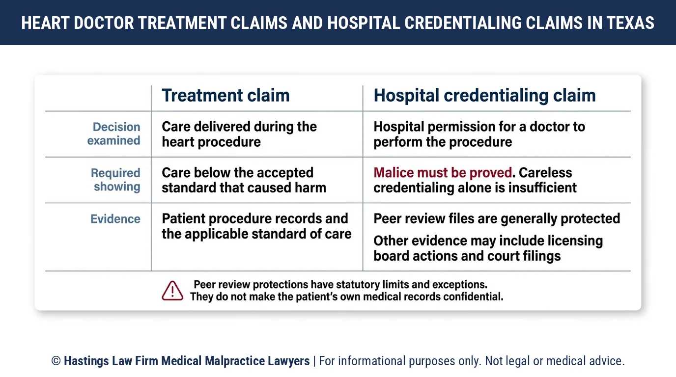 ¿El abogado de negligencia hospitalaria tiene que probar la intención dolosa para que el Texas Health Heart & Vascular Hospital de Arlington sea considerado responsable por la acreditación de un cardiólogo?.