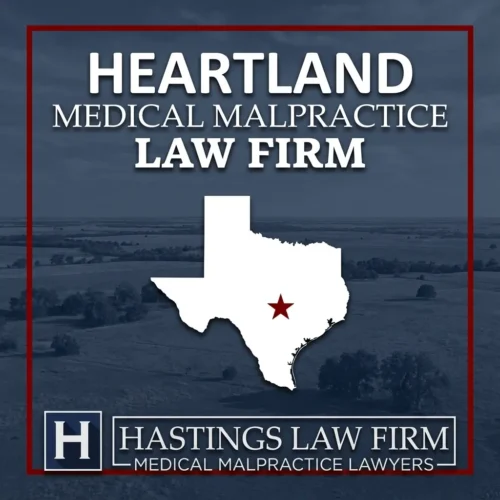 Best Medical Malpractice Attorneys in Heartland Texas A landscape scene of Heartland Texas. A red star pinpoints the location where local Medical Malpractice Lawyers have helped injured patients. The Hastings Law Firm logo appears at the bottom.