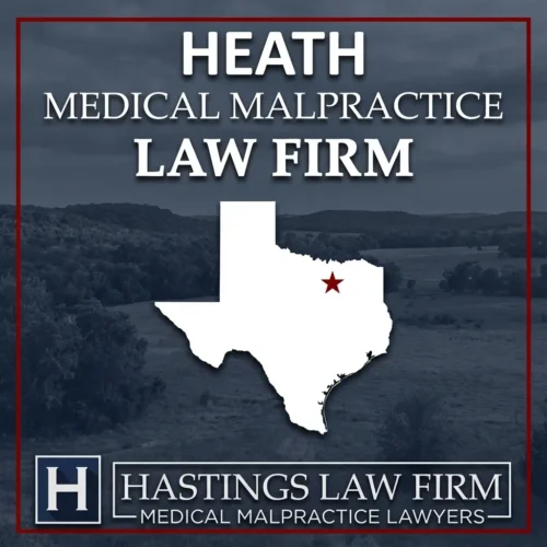 Los mejores abogados de negligencia médica en Heath Texas Una escena del paisaje de Heath Texas. Una estrella roja señala el lugar donde los abogados locales especializados en negligencias médicas han ayudado a pacientes lesionados. El logotipo de The Hastings Law Firm aparece en la parte inferior.