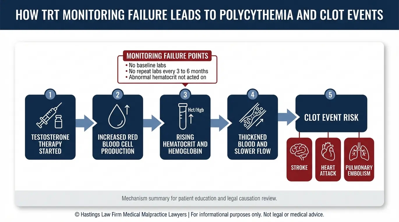 Clinical diagram showing how improper monitoring in an Arizona Testosterone Replacement Therapy Malpractice Lawyer case can lead from TRT to polycythemia and then to stroke heart attack or pulmonary embolism.