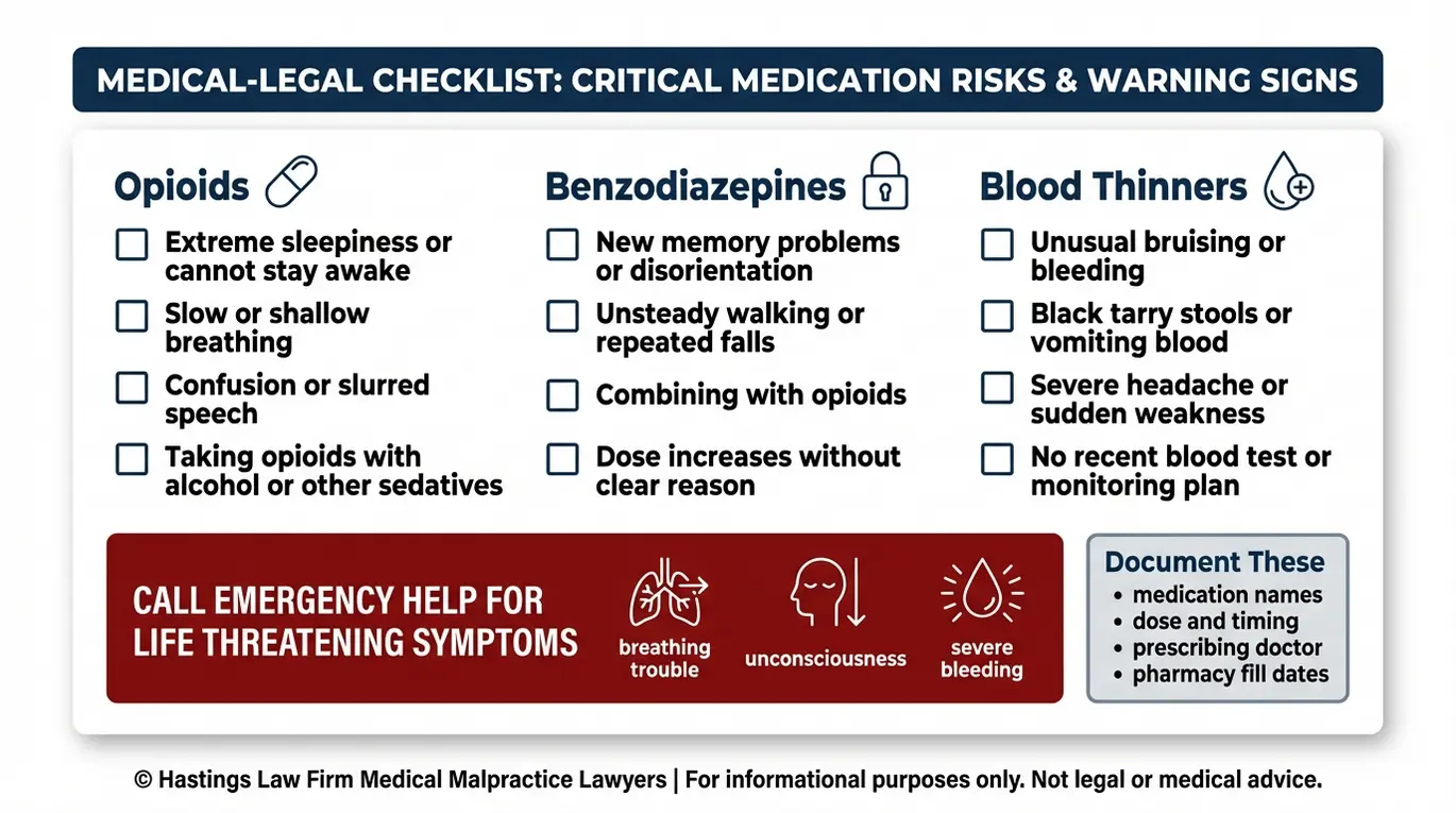 Lista de verificación de medicamentos de alto riesgo y síntomas urgentes que suele revisar un abogado especializado en prescripción excesiva de medicamentos de Arizona, incluyendo opioides, benzodiazepinas y anticoagulantes, con señales de alerta clave sobre sobredosis y hemorragias.