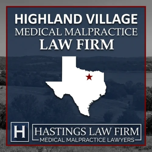 Los mejores abogados de negligencia médica en Highland Village Texas Una escena del paisaje de Highland Village Texas. Una estrella roja señala el lugar donde los abogados locales de negligencia médica han ayudado a pacientes lesionados. Logo The Hastings Law Firm aparece en la parte inferior.