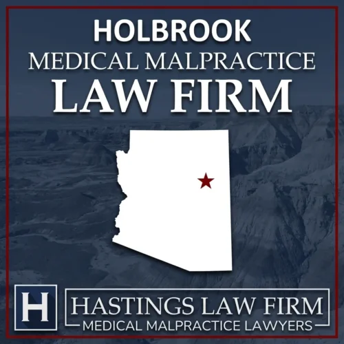 Los mejores abogados especializados en negligencia médica en Holbrook, Arizona Una imagen panorámica de Holbrook, Arizona. Una estrella roja señala el lugar donde los abogados locales especializados en negligencia médica han ayudado a pacientes lesionados. El logotipo de Hastings Law Firm aparece en la parte inferior.